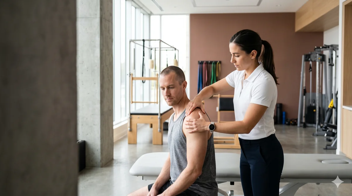 Fisioterapeuta avaliando a mobilidade de um paciente durante o atendimento